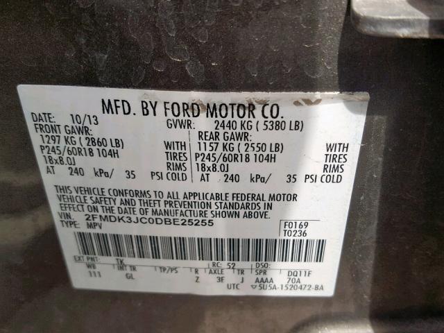 2FMDK3JC0DBE25255 - 2013 FORD EDGE SEL GRAY photo 10