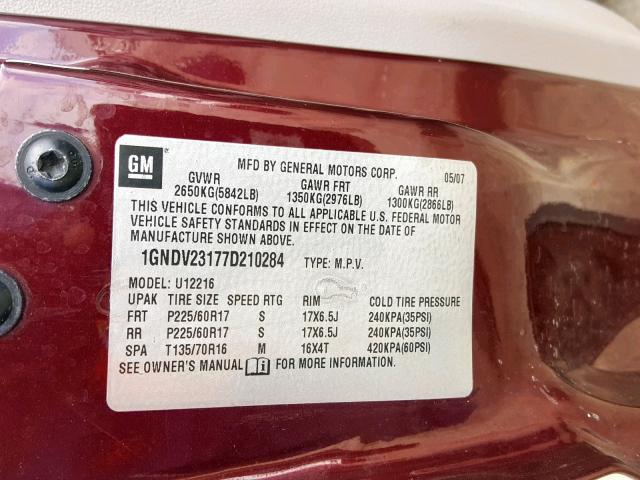 1GNDV23177D210284 - 2007 CHEVROLET UPLANDER L RED photo 10