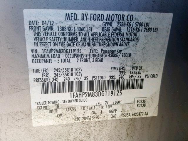 1FAHP2M83DG119125 - 2013 FORD TAURUS POL BLUE photo 10