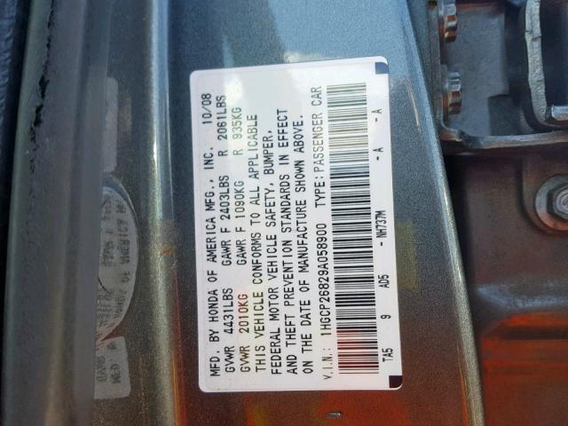 1HGCP26829A058900 - 2009 HONDA ACCORD EXL GRAY photo 10