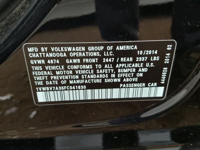 1VWBV7A35FC041630 - 2015 VOLKSWAGEN PASSAT SE BLACK photo 10