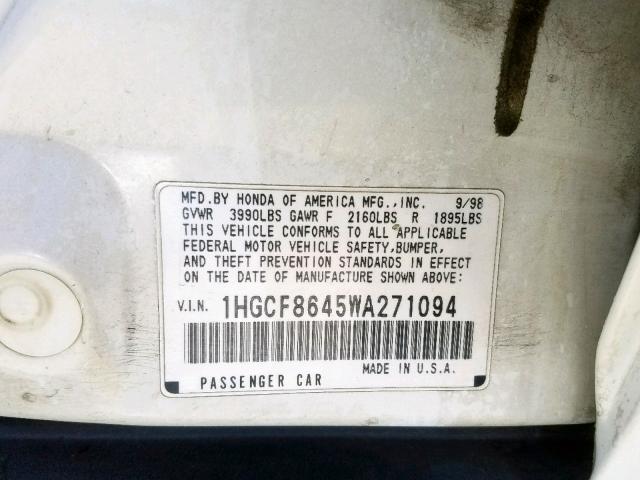 1HGCF8645WA271094 - 1998 HONDA ACCORD DX WHITE photo 10