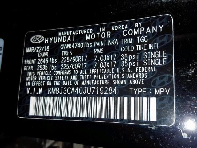 KM8J3CA40JU719284 - 2018 HYUNDAI TUCSON SEL BLACK photo 10