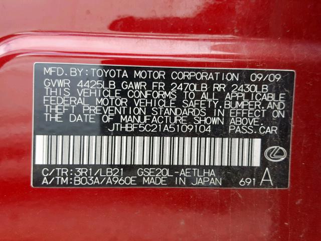 JTHBF5C21A5109104 - 2010 LEXUS IS 250 RED photo 10