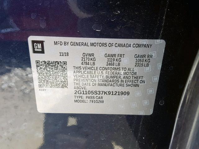 2G1105S37K9121909 - 2019 CHEVROLET IMPALA PRE BLUE photo 10