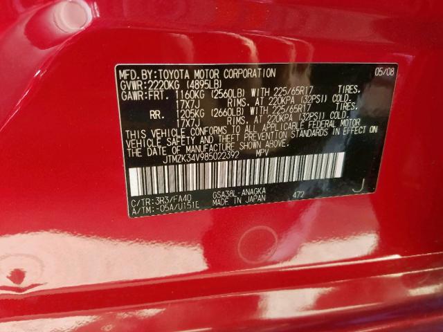 JTMZK34V985022392 - 2008 TOYOTA RAV4 LIMIT RED photo 10