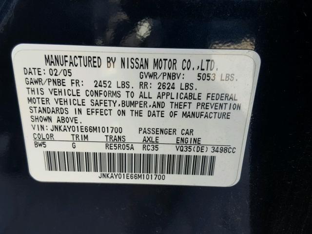 JNKAY01E66M101700 - 2006 INFINITI M35 BASE BLUE photo 10