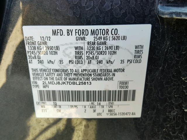 2LMDJ8JK7DBL25813 - 2013 LINCOLN MKX GRAY photo 10