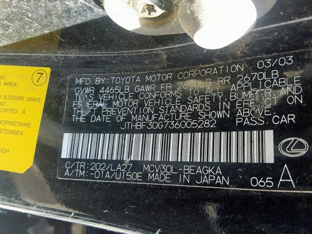 JTHBF30G736005282 - 2003 LEXUS ES 300 BLACK photo 10