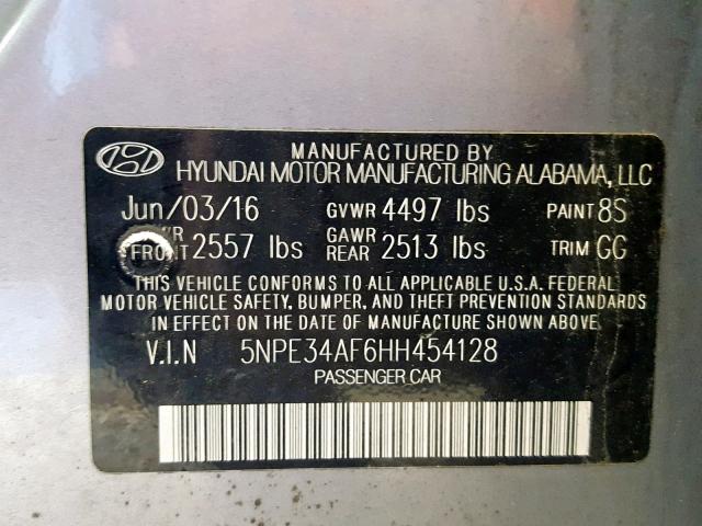 5NPE34AF6HH454128 - 2017 HYUNDAI SONATA SPO GRAY photo 10