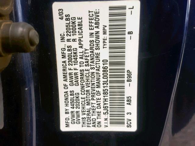 5J6YH18513L008610 - 2003 HONDA ELEMENT EX BLUE photo 10