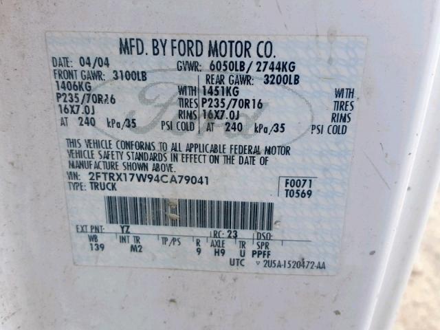 2FTRX17W94CA79041 - 2004 FORD F-150 HERI WHITE photo 10