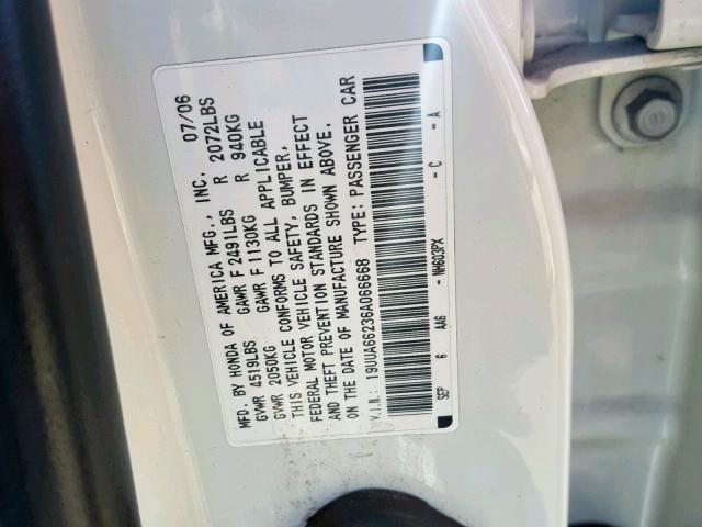 19UUA66236A066668 - 2006 ACURA 3.2TL WHITE photo 10