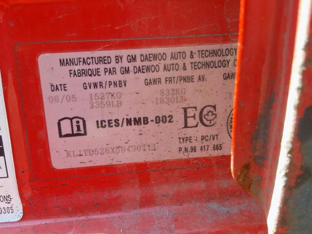 KL1TD526X5B490711 - 2005 CHEVROLET AVEO BASE Qırmızı foto 10