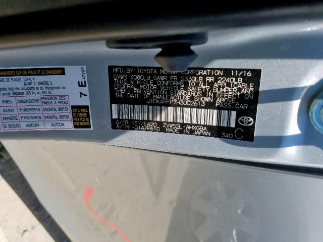 JTDKARFP7H3002613 - 2017 TOYOTA PRIUS PRIM 银色 照片 10