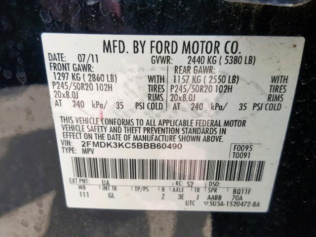 2FMDK3KC5BBB60490 - 2011 FORD EDGE LIMIT BLACK photo 10