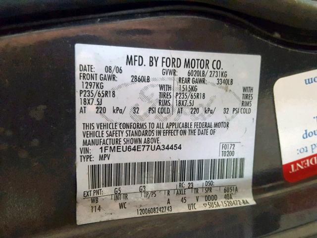 1FMEU64E77UA34454 - 2007 FORD EXPLORER E GRAY photo 10