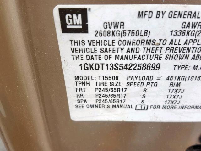 1GKDT13S542258699 - 2004 GMC ENVOY GOLD photo 10