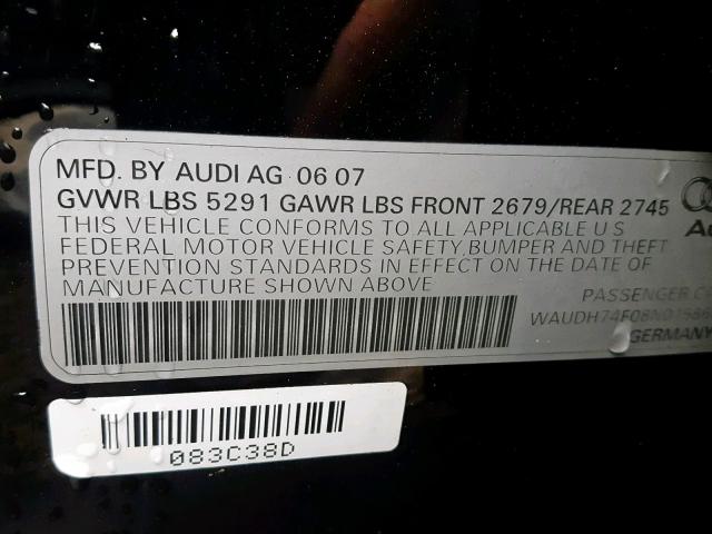 WAUDH74F08N015868 - 2008 AUDI A6 3.2 QUA BLACK photo 10