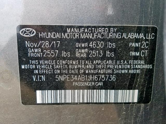 5NPE34AB1JH675736 - 2018 HYUNDAI SONATA SPO GRAY photo 10