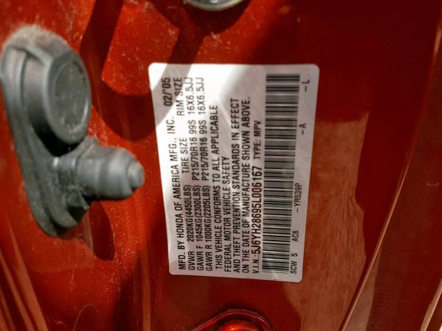 5J6YH28695L006167 - 2005 HONDA ELEMENT EX ORANGE photo 10