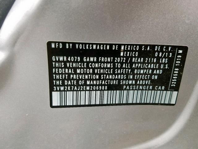 3VW2K7AJ2EM206988 - 2014 VOLKSWAGEN JETTA BASE SILVER photo 10