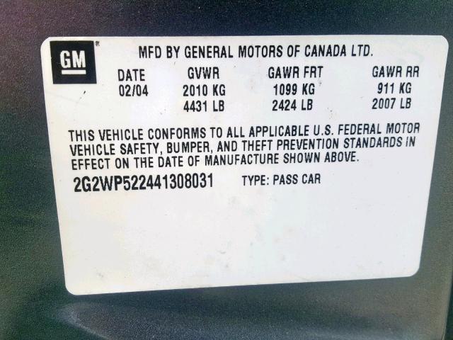2G2WP522441308031 - 2004 PONTIAC GRAND PRIX GRAY photo 10