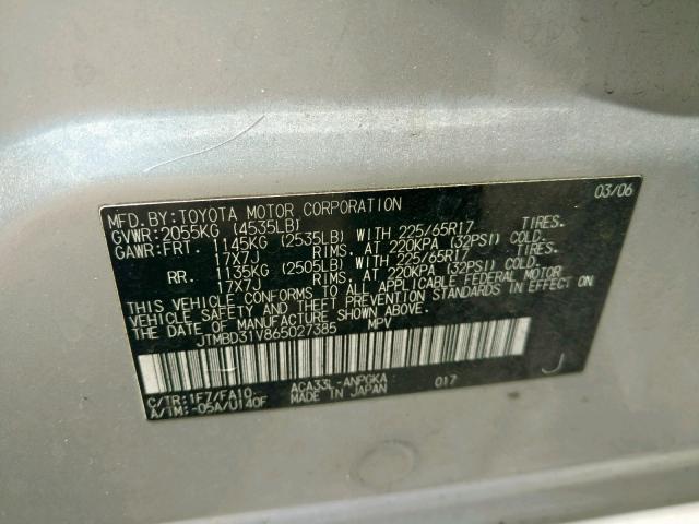 JTMBD31V865027385 - 2006 TOYOTA RAV4 LIMIT SILVER photo 10