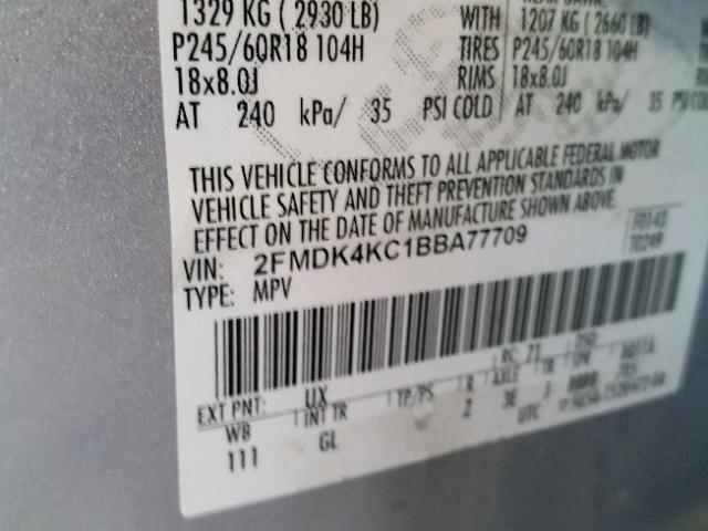 2FMDK4KC1BBA77709 - 2011 FORD EDGE LIMIT SILVER photo 10