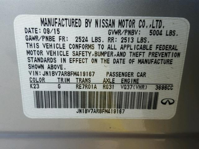 JN1BV7AR8FM419167 - 2015 INFINITI Q50 BASE SILVER photo 10