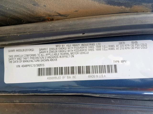 4S4BP61C757392615 - 2005 SUBARU LEGACY OUT BLUE photo 10