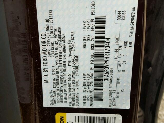 3FA6P0VP9HR170404 - 2017 FORD FUSION SPO PURPLE photo 10