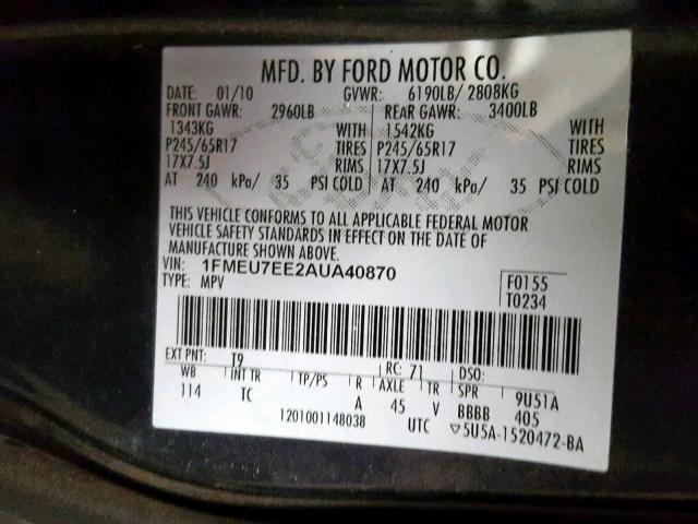 1FMEU7EE2AUA40870 - 2010 FORD EXPLORER E BLACK photo 10