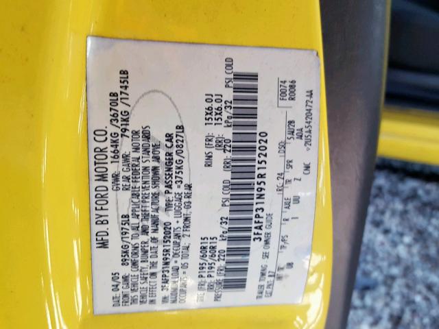 3FAFP31N95R152020 - 2005 FORD FOCUS ZX3 YELLOW photo 10