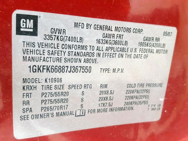 1GKFK66887J367550 - 2007 GMC YUKON XL D BURGUNDY photo 10