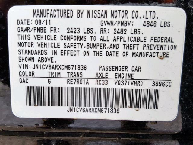 JN1CV6ARXCM671836 - 2012 INFINITI G37 BLACK photo 10