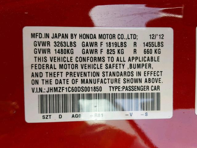 JHMZF1C60DS001850 - 2013 HONDA CR-Z EX RED photo 10