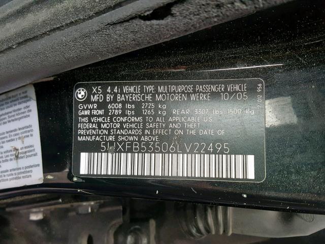 5UXFB53506LV22495 - 2006 BMW X5 4.4I BLACK photo 10