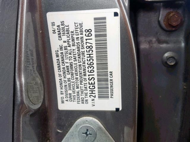 2HGES16365H587168 - 2005 HONDA CIVIC DX V GRAY photo 10