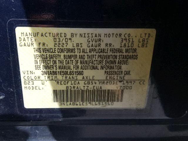 3N1AB61E59L651560 - 2009 NISSAN SENTRA 2.0 BLUE photo 10