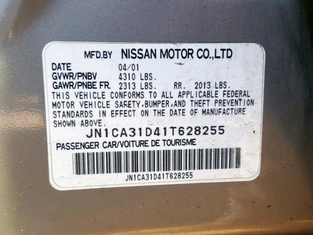 JN1CA31D41T628255 - 2001 NISSAN MAXIMA GXE GRAY photo 10