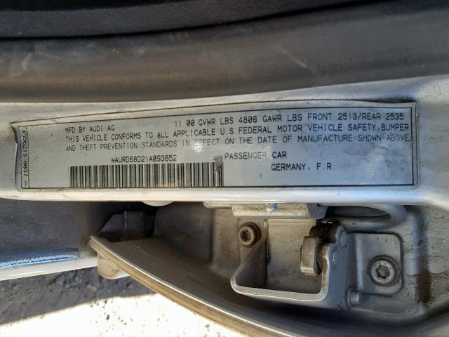 WAURD68D21A093652 - 2001 AUDI S4 2.7 QUA SILVER photo 10