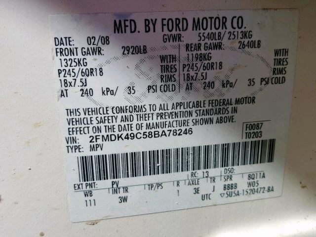 2FMDK49C58BA78246 - 2008 FORD EDGE LIMIT WHITE photo 10