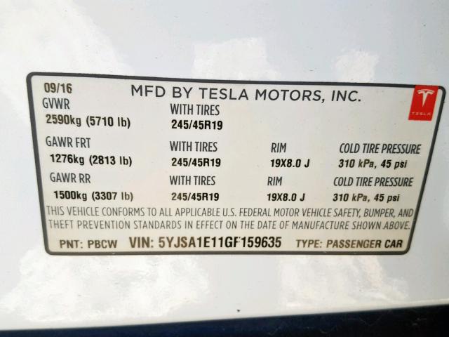 5YJSA1E11GF159635 - 2016 TESLA MODEL S أبيض صورة 10