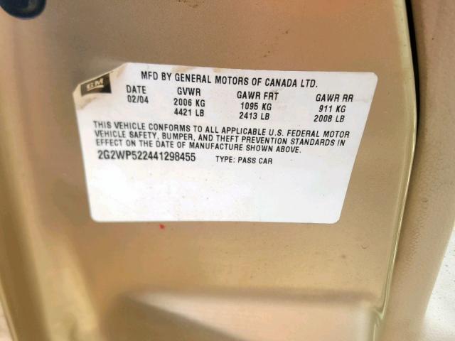 2G2WP522441298455 - 2004 PONTIAC GRAND PRIX GOLD photo 10