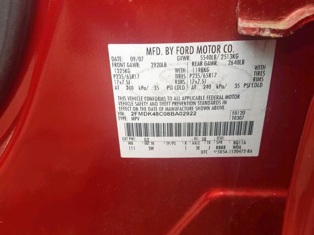 2FMDK48C08BA02922 - 2008 FORD EDGE SEL RED photo 10