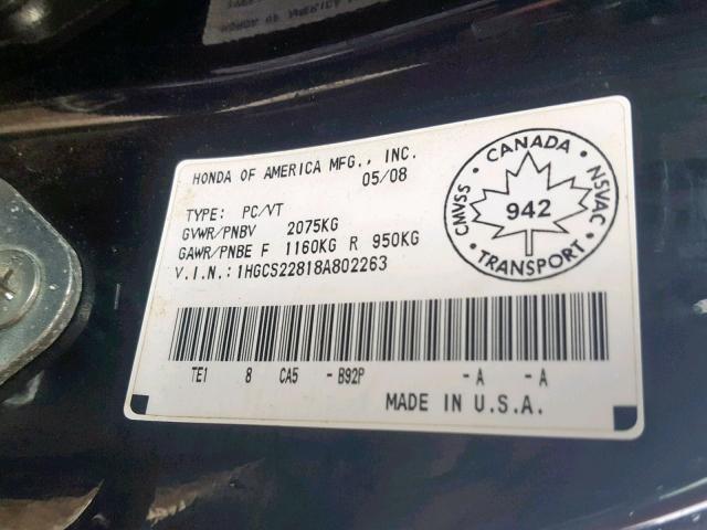 1HGCS22818A802263 - 2008 HONDA ACCORD EXL BLACK photo 10