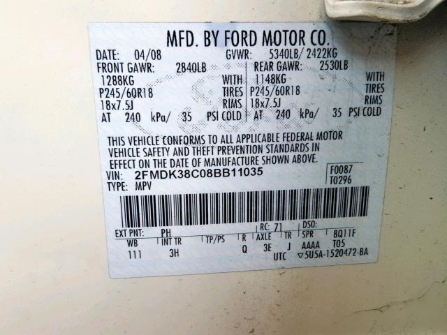 2FMDK38C08BB11035 - 2008 FORD EDGE SEL CREAM photo 10