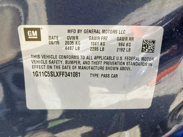 1G11C5SLXFF341081 - 2015 CHEVROLET MALIBU 1LT 蓝色 照片 10