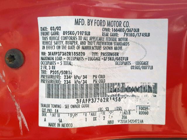 3FAFP37362R185820 - 2002 FORD FOCUS ZX5 RED photo 10